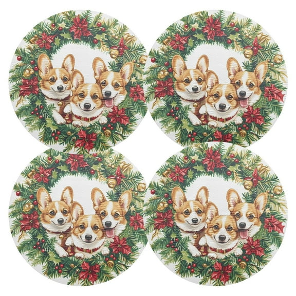Ryvnso Corgi Dogs Christmas Wreath Round Plate Mats Dining Table Placemat Set of 4 for Holiday Decoration