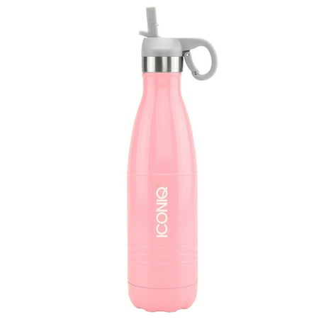 Stainless Steel Pop Up ICONIQ Stainless Steel Vacuum Insulated Water Bottle Includes Bonus Gray Pop Up Straw Cap, 17 Ounce (Gloss Pink) ()