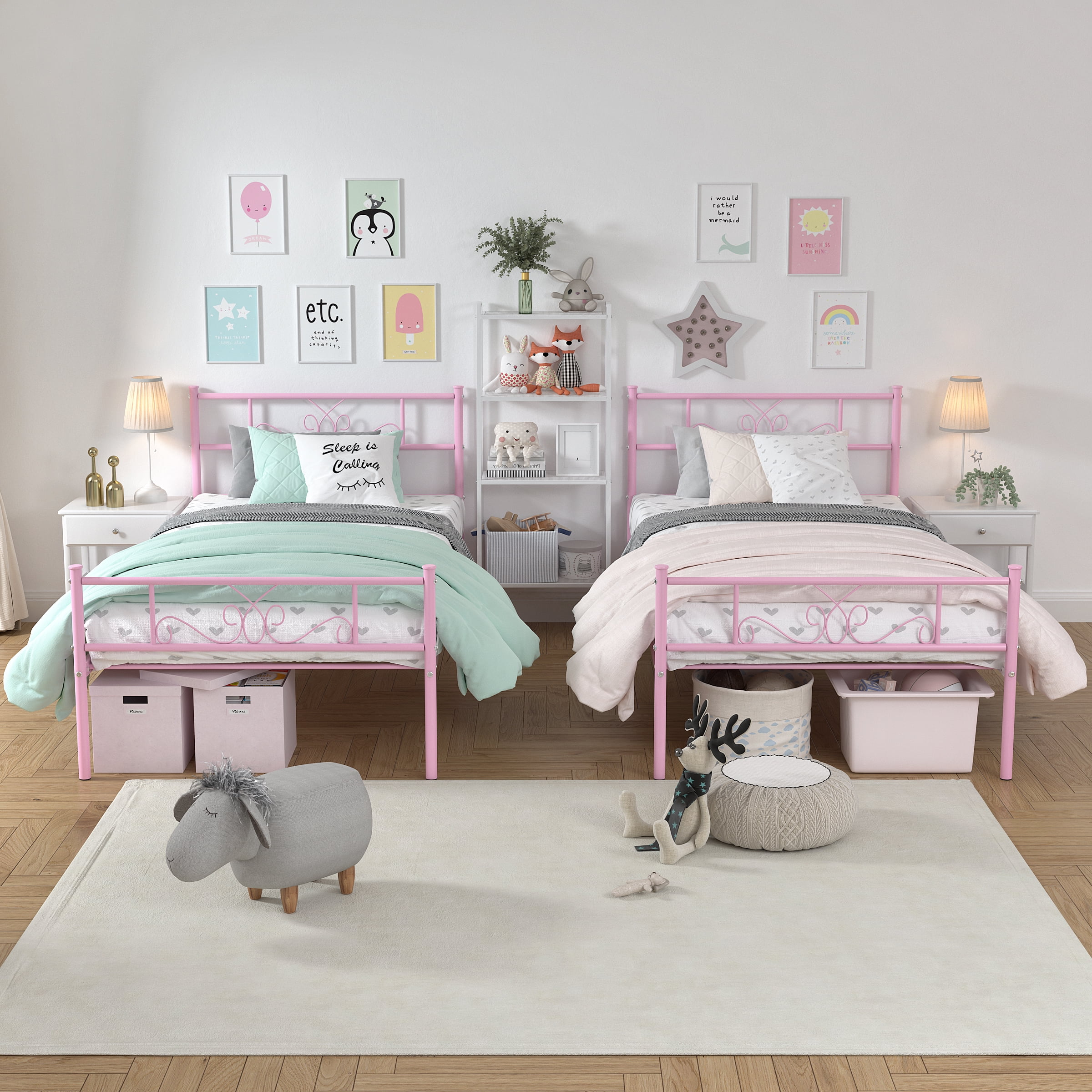 Yoneston Twin Size Metal Platform Bed Frame with Headboard, 12.7” Single Bed Frame for Kids, Teens, Adult Bedroom Furniture, Pink