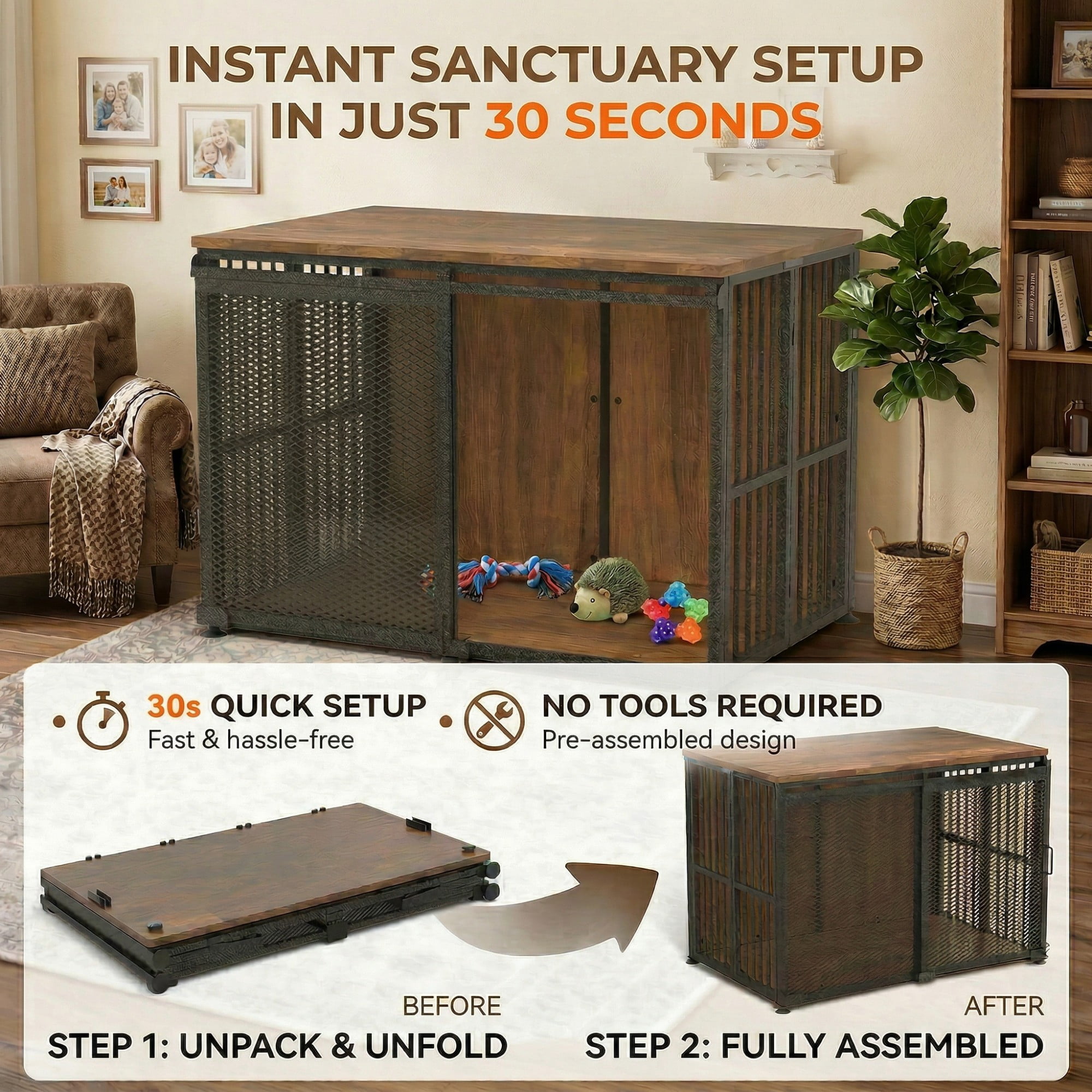 42 Inch Large Dog Crate Furniture, Foldable Setup in 30 Seconds, Sliding Barn Door, 260 LBS Top