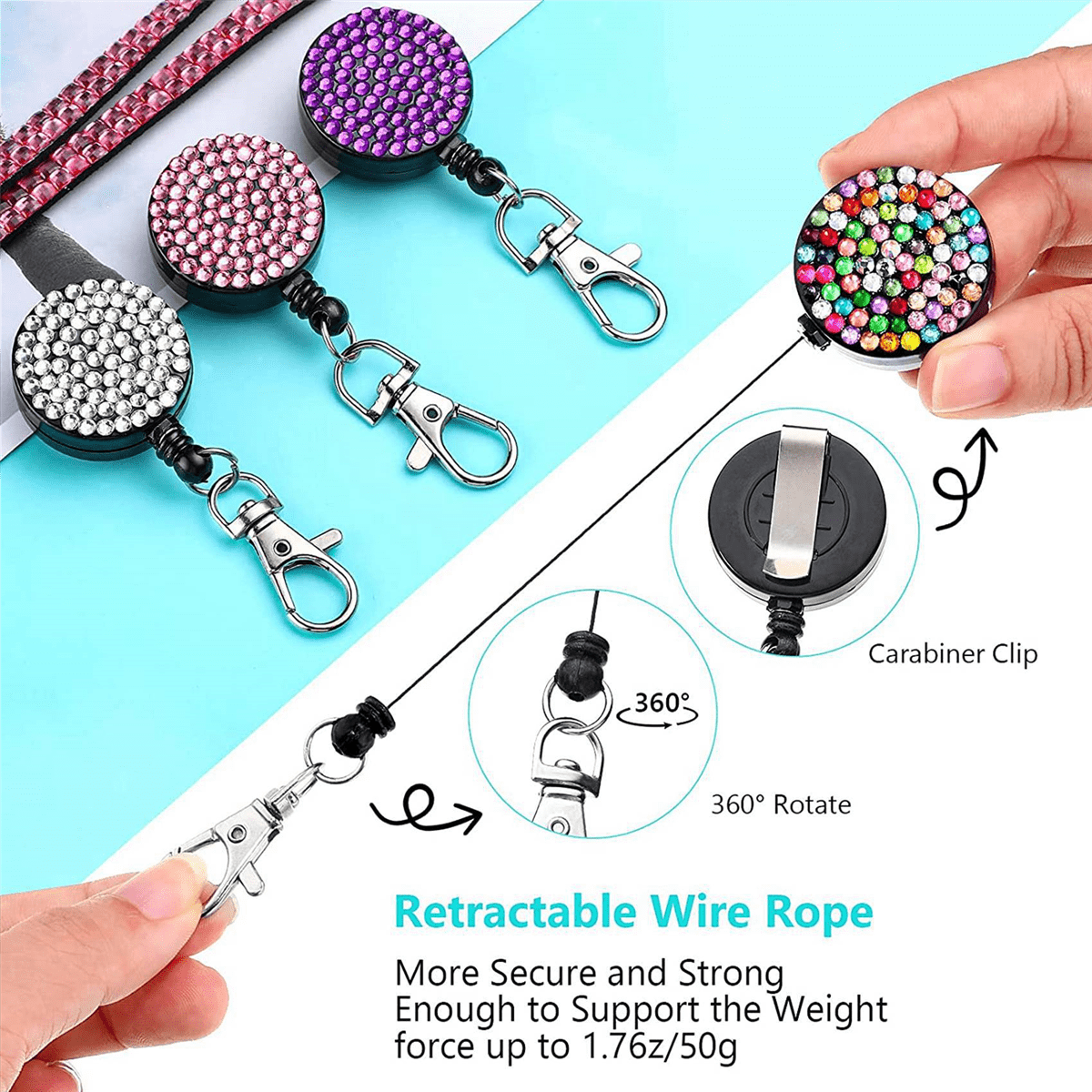 20 Sets Rhinestone Lanyard ID Card Holder Crystal Retractable Badge Reel Rhinestone Neck Lanyard Card Holder