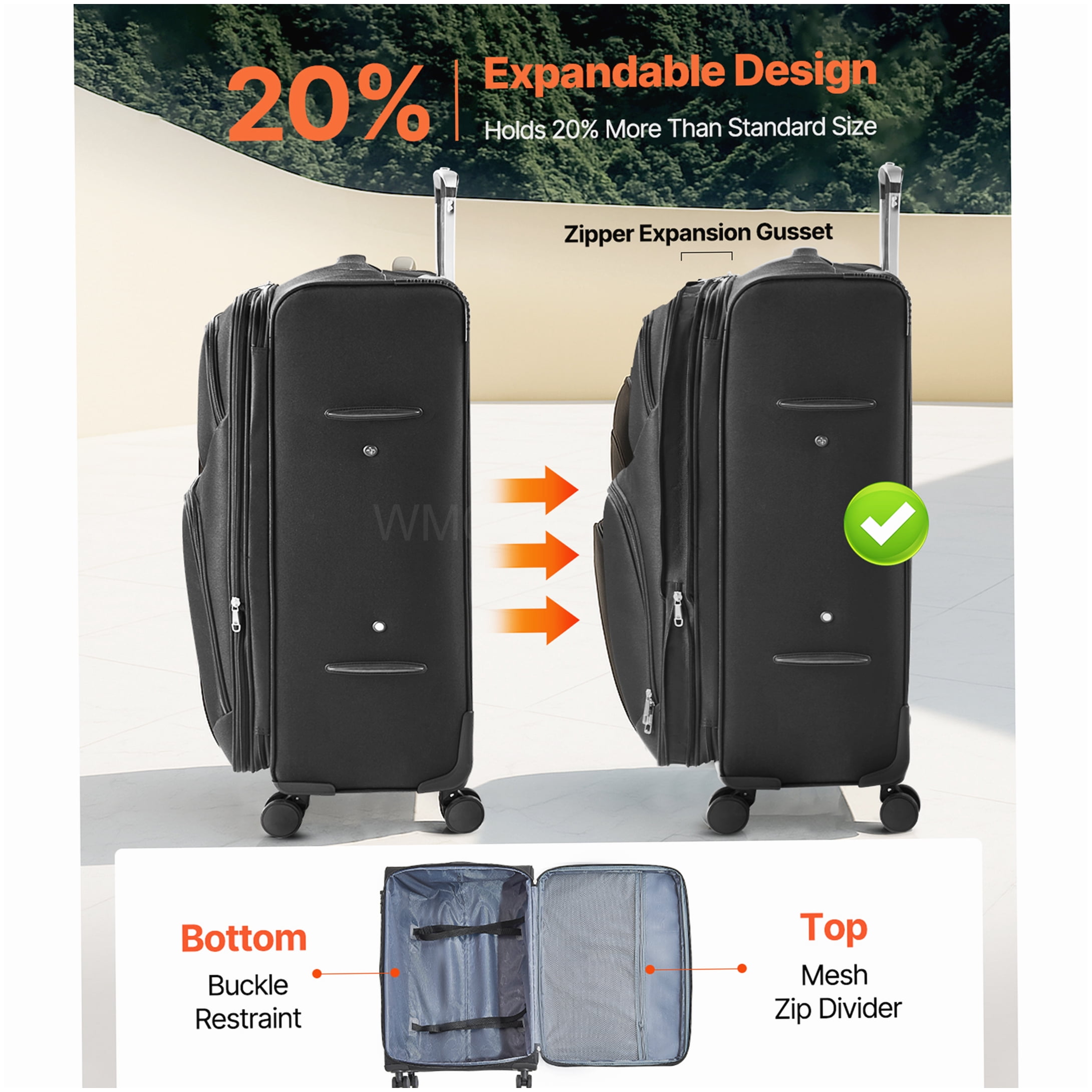 MANGIJOY TSA Lock Expandable Suitcase, 28 Inch Softside Checked Luggage with 8 Spinner Wheels, Black