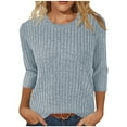thumbnail image 2 of Otntypg Fall Spring Sweaters for Women Lightweight Casual 3/4 Sleeve Round Neck Ribbed Knit Pullover Tops Fashion Dressy Tunic Blouse Light Blue L, 2 of 6