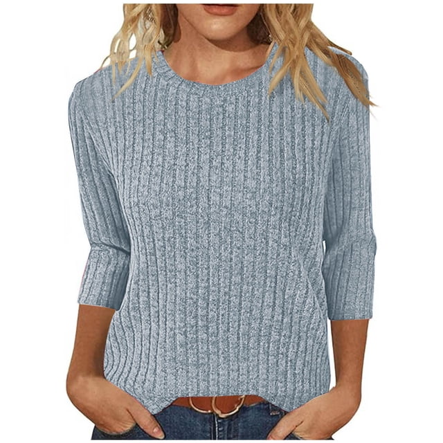 cfhntfmh Hauts Côtelés à Manches 3/4 pour Femmes, Tunique à Col Rond, Blouses, Chandail-Over Doux, Tenues de Mode Automne pour Femmes