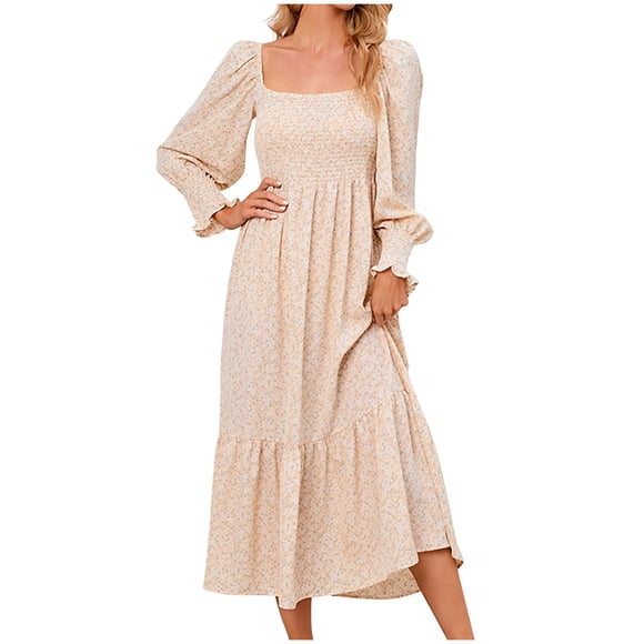 RKSTN Long Sleeve Maxi Dress for Women Square Neck Casual Button Down Boho Floral Print Fall Long Dresses