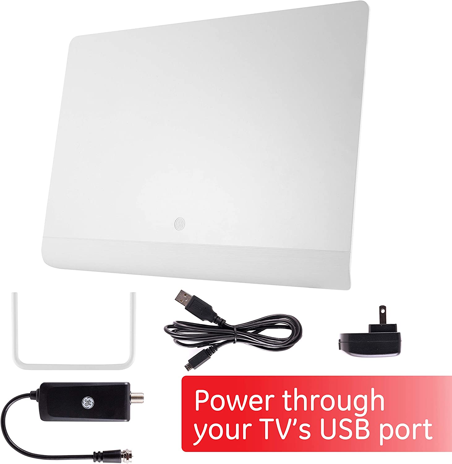GE Pro Flat Indoor TV Antenna, USB Power, Slim Home Decor Long Range