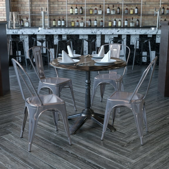 BizChair 4 Pack Silver Antique Finish with Clear Coat Metal Indoor Stackable Chair