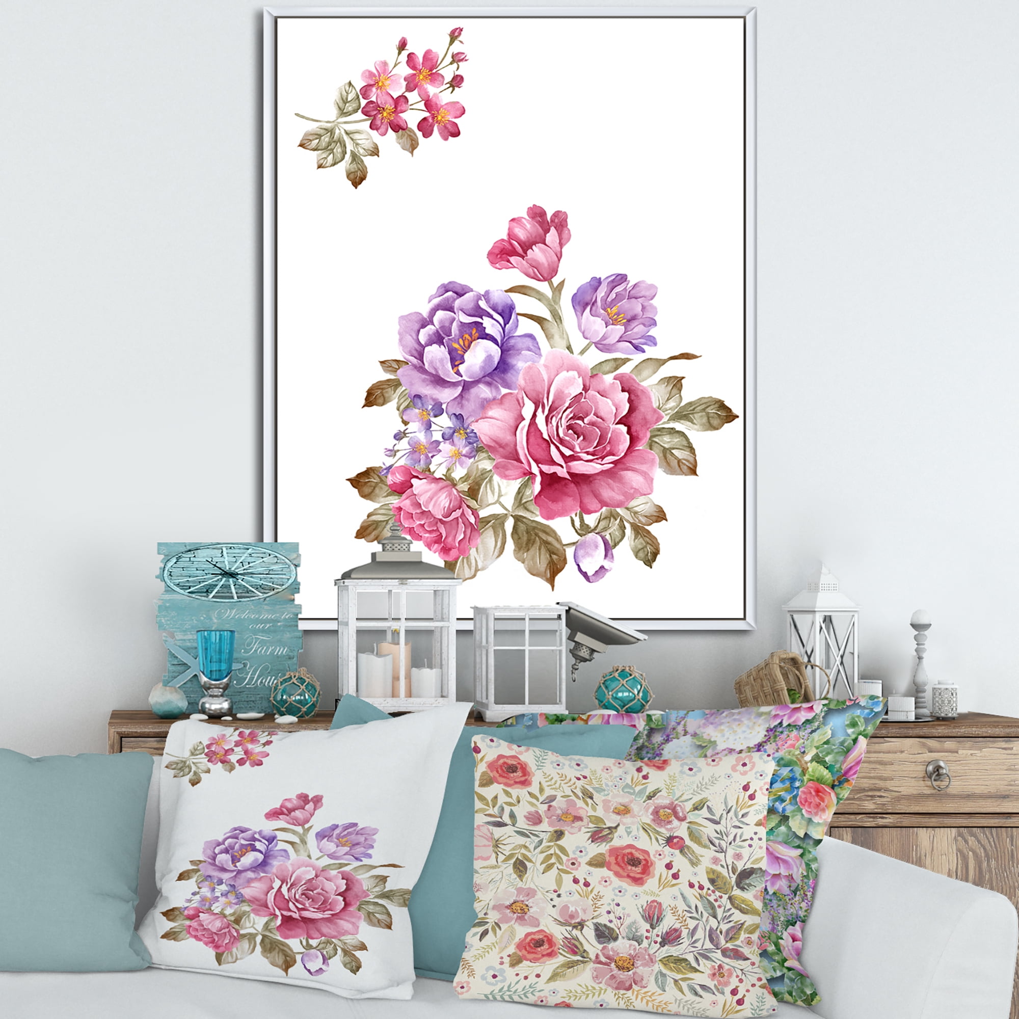 Designart 'Bouquet of Purple and Pink Flowers I' Farmhouse Framed Canvas Wall Art Print