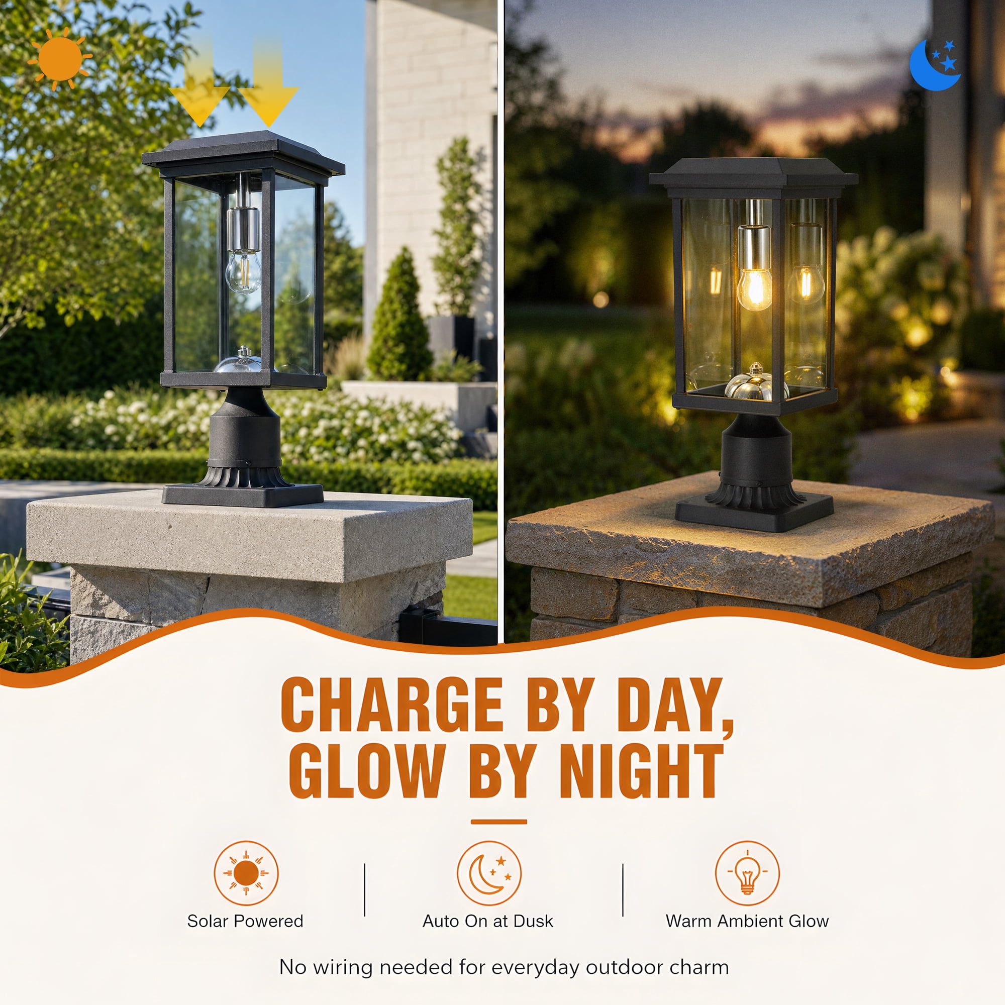 Dusk to Dawn Outdoor Post Light with Pier Mount Base and Glass Panels, Hardwired Aluminum Pole Lamp for Garden, Black