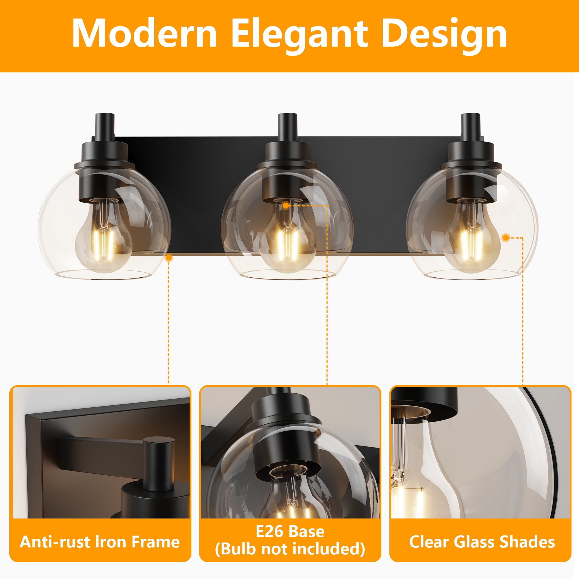 GCGAFUL 19 in. 3-Light Matte Black Modern Dimmable Bathroom Vanity Light with Clear Glass Globe Shade