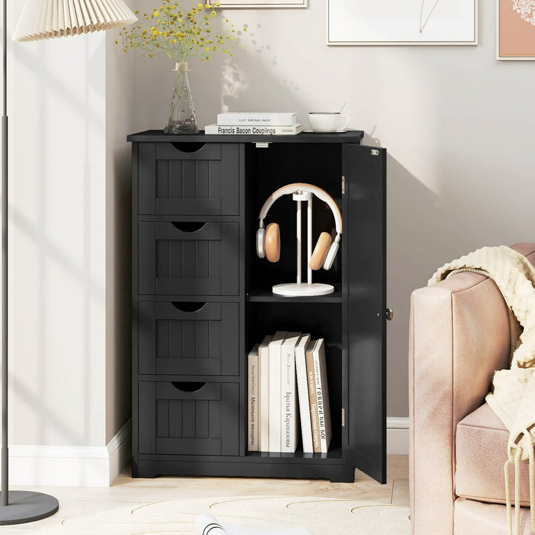 Costway Narrow Bathroom Storage Floor Cabinet, Black MDF, 4