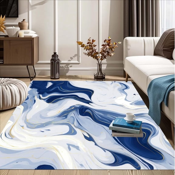 Navy White Gold Marble Swirl Modern Abstract Lux Area Rug Machine Washable Soft Fuzzy Large Rug For Livingroom Bedroom Diningroom Minimalist Home Office Kitchen Dorm Carpet Mat 5x7ft