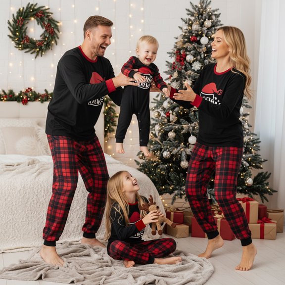 AIGUR Family Matching Christmas Pajama Set Letter Christmas Hat Printed Long-sleeved Round Neck Tops Plaid Pants Baby Romper Family Clothing