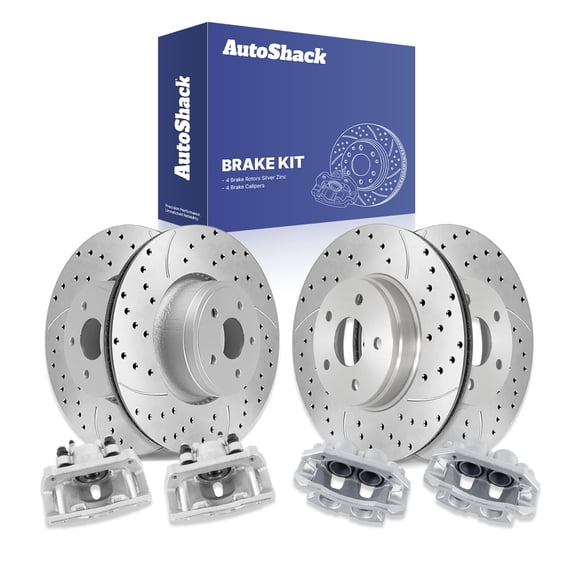 AutoShack Front Vented & Rear Vented Drilled & Slotted Silver Zinc Coated Brake Rotors   Calipers 8-PC Brake Kit Replacement for 2006-2008 Dodge Ram 1500 SilverShield Pro