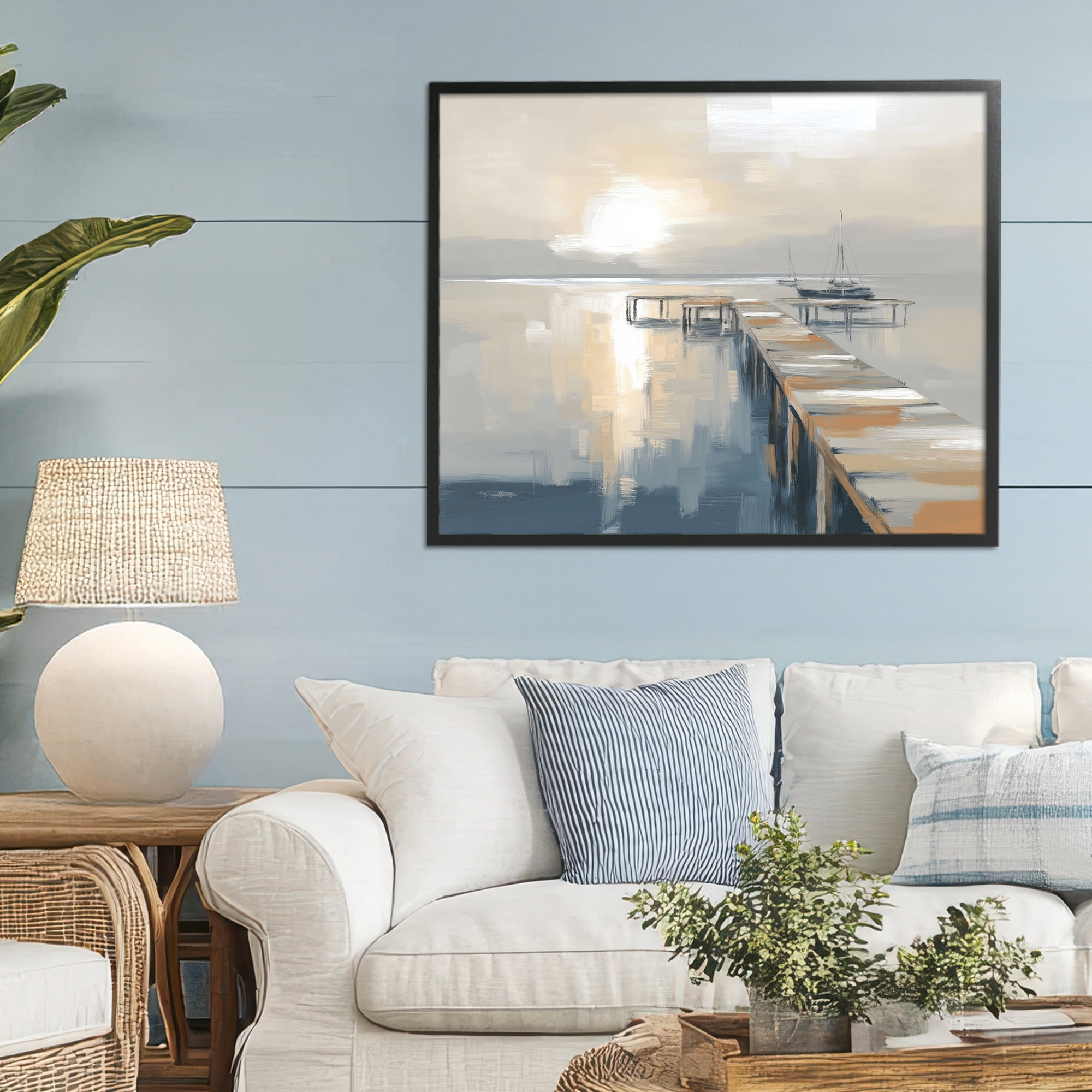 Stupell Industries Pier with Sailboat Seascape Black Framed Giclee Art, design by Kim Curinga