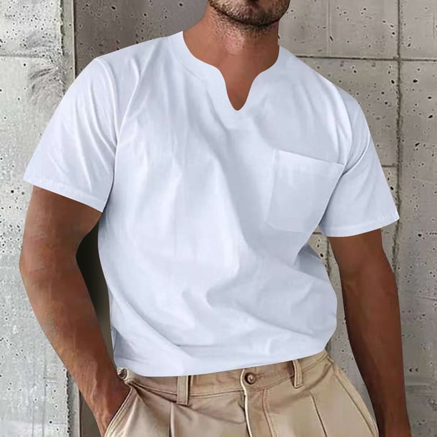 pstuiky Camisas de vestir de manga corta para hombre, Camisa informal de verano para hombre, de manga corta, color liso, con cuello en V y bolsillo ropa de hombre s
