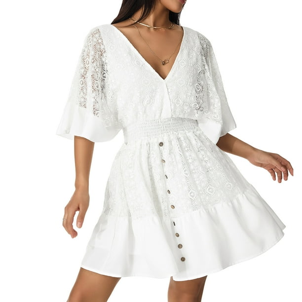 Txlixc Vestido bohemio para mujer, mangas acampanadas medias con cuello en V, decoración de botones, falda larga para playa Txlixc Moda