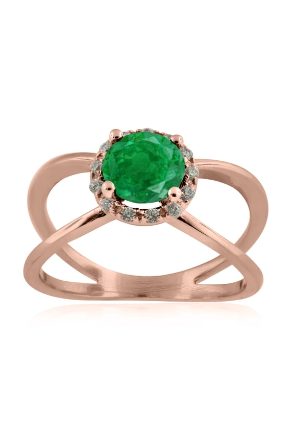 0.85 Carat 6MM Round Created Emerald And Diamond Ring In 10K Solid Rose, White & Yellow Gold