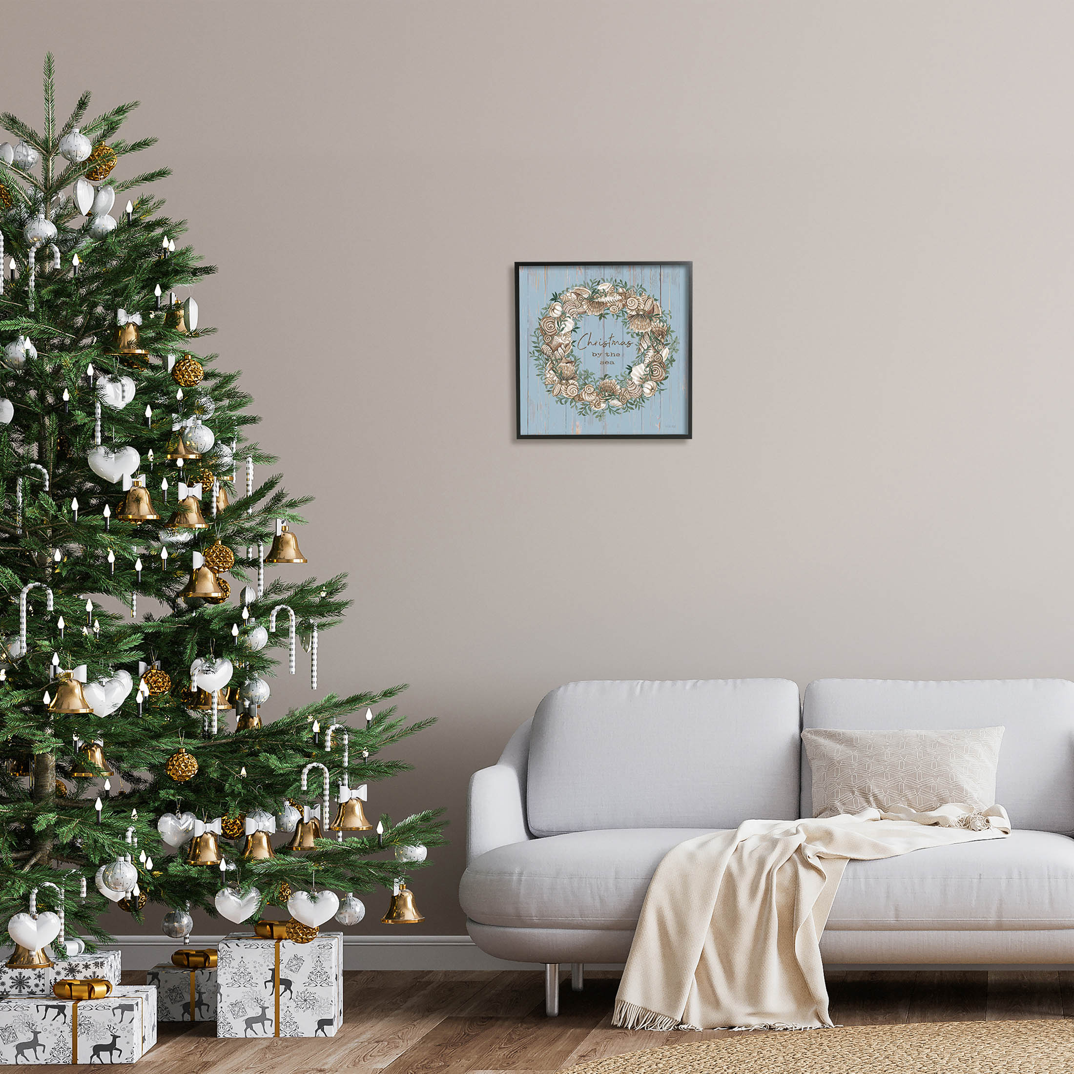 Christmas By The Sea Shell Wreath Holiday Graphic Art Black Framed Art Print Wall Art