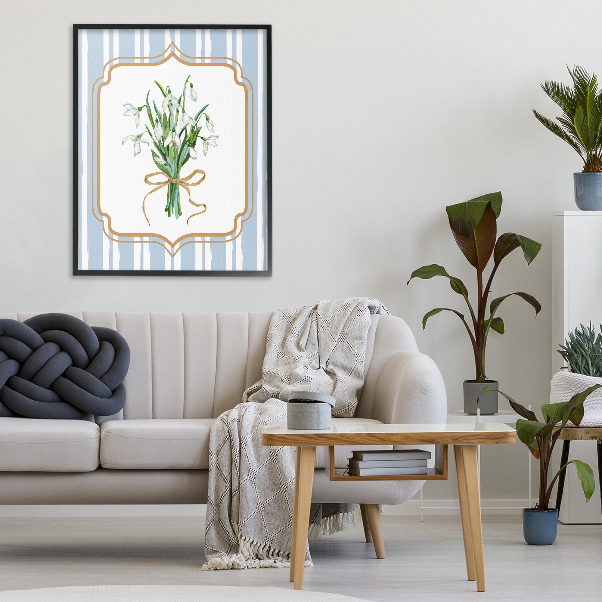 White Flower Bundle on Stripes Black Framed Giclee Art, design by Adonna Ebrahimi