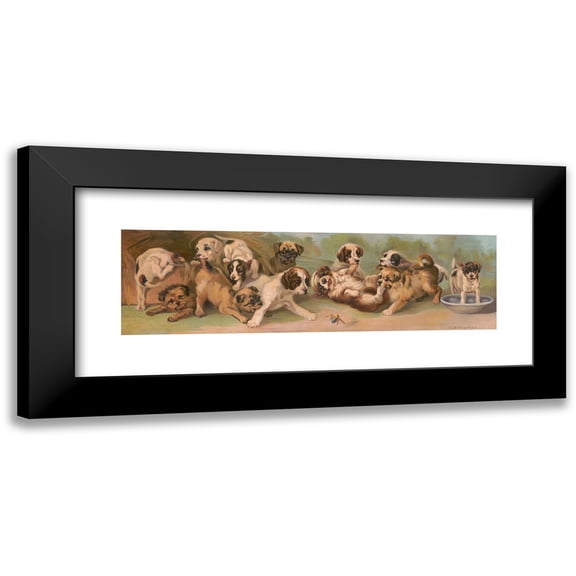 C.L. von Vregenborlh 14x7 Black Modern Framed Museum Art Print Titled - Yard of Puppies (1907)