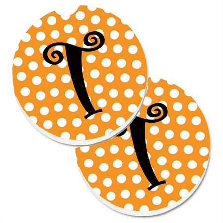 

Monogram Initial T Orange Polkadots Set of 2 Cup Holder Car Coaster