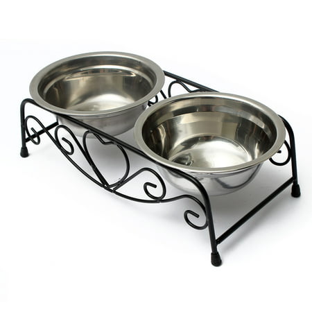 Meigar Stainless Steel Double Feeder Dishes Pet Cat Dog Puppy Food and Water Dish Bowls with Retro Iron