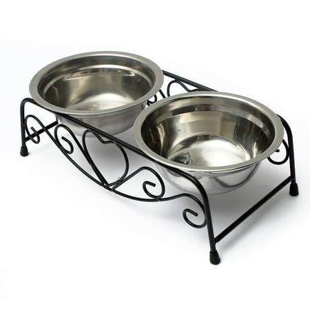 - Meigar Stainless Steel Double Feeder Dishes Pet Cat Dog Puppy Food and Water Dish Bowls with Retro Iron Stand