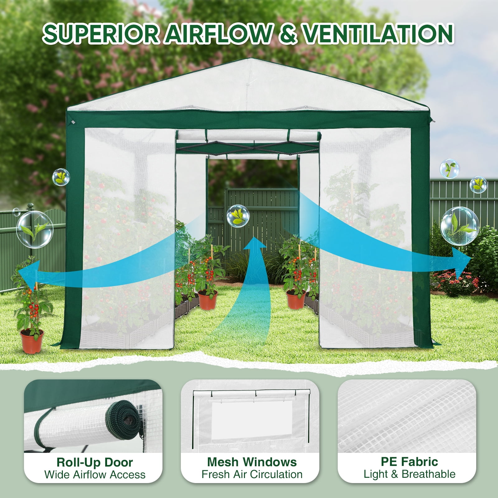 EAGLE PEAK 10x10 Portable Walk in Greenhouse , Heavy Duty Instant Pop Up Green House, Front Roll Up Zipper Entry Door and Mesh Windows, Green/White