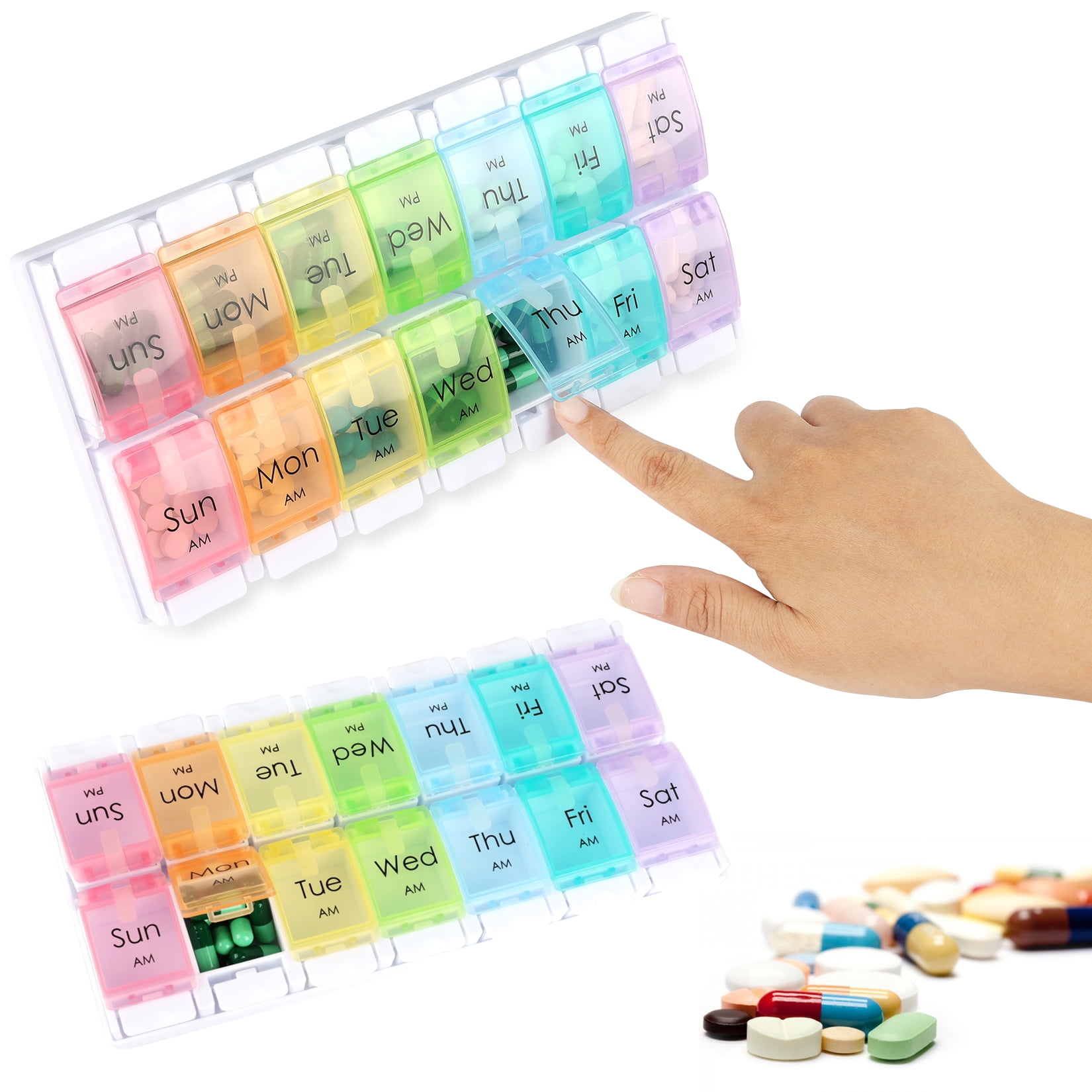 FLONOZZ Weekly AM/PM Pill Organizer, Large Push Button Pill Box with 7 Compartments, 2 Times a