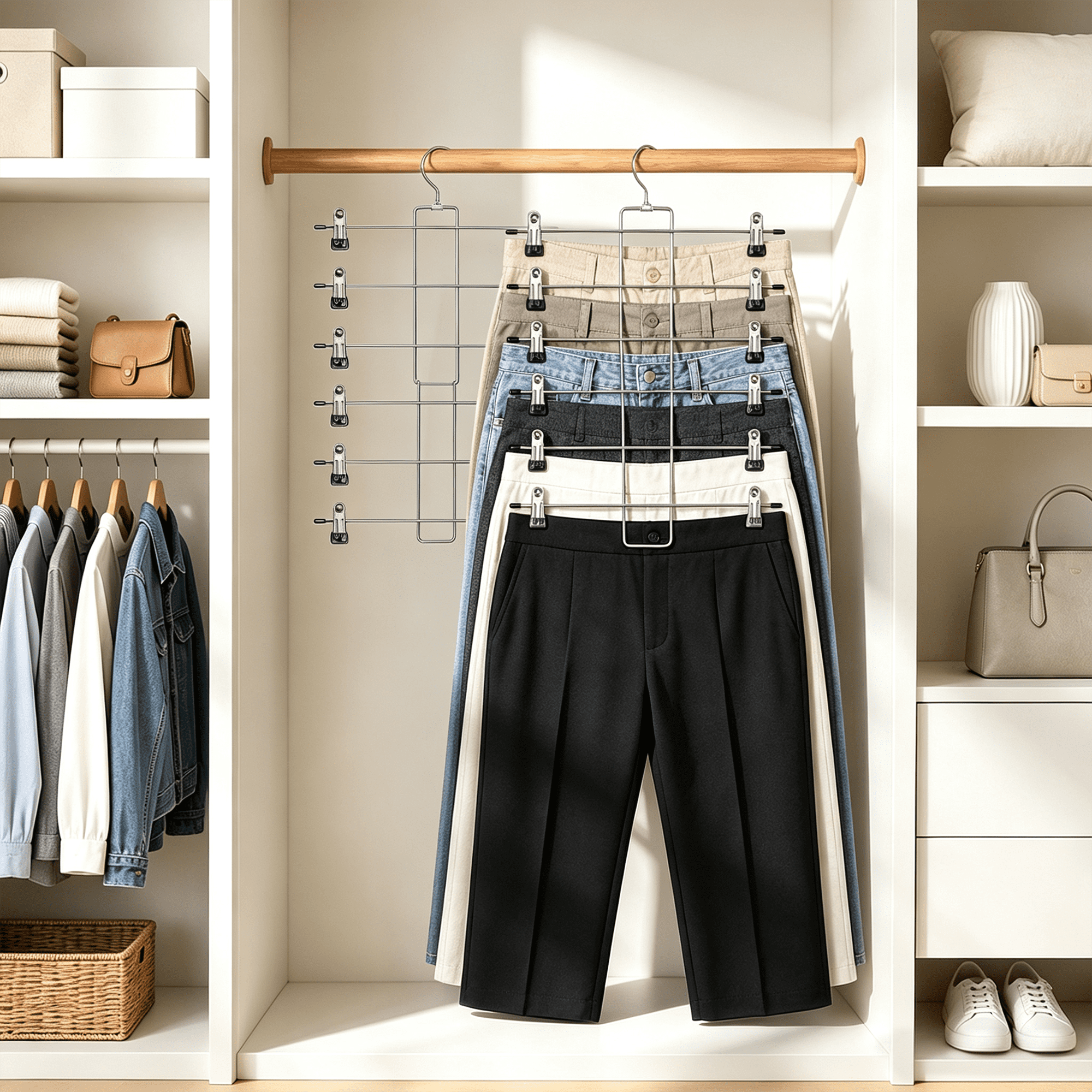 GARITIN 2 Pack Pants Hangers, 6 Tier Skirt Hangers with Non Slip Clips, Foldable Metal Clothes Hanger Organizer for Closet
