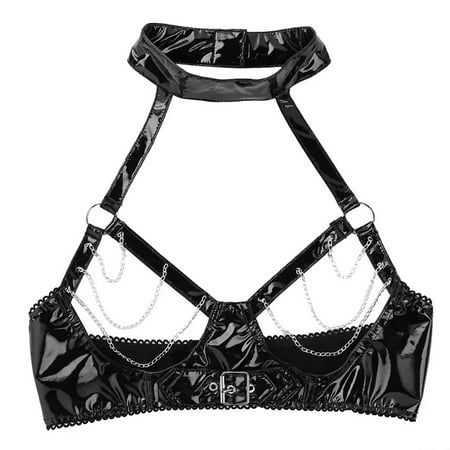 MQLKF High Gloss Leather Sexy Neck Bra Leather Bra Adjustable Underwear Home Sexy Underwear Intellectual Breathable Women Bodysuit
