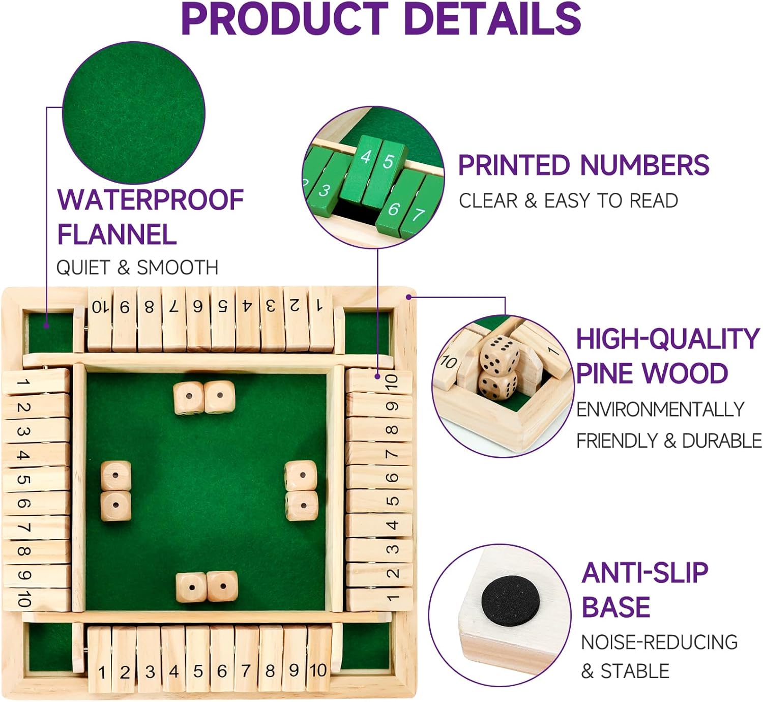 1-4 Jugadores Shut The Box Juego de dados, juego de mesa de madera tradicional para adultos y niños, juego de mesa de estrategia matemática para diversión familiar 4
