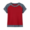 thumbnail image 5 of Womens Denim Trim Top Raglan Sleeve Waffle Knit Casual Vintage Inspired Short Sleeve Tee in Red,Size 2XL, 5 of 7