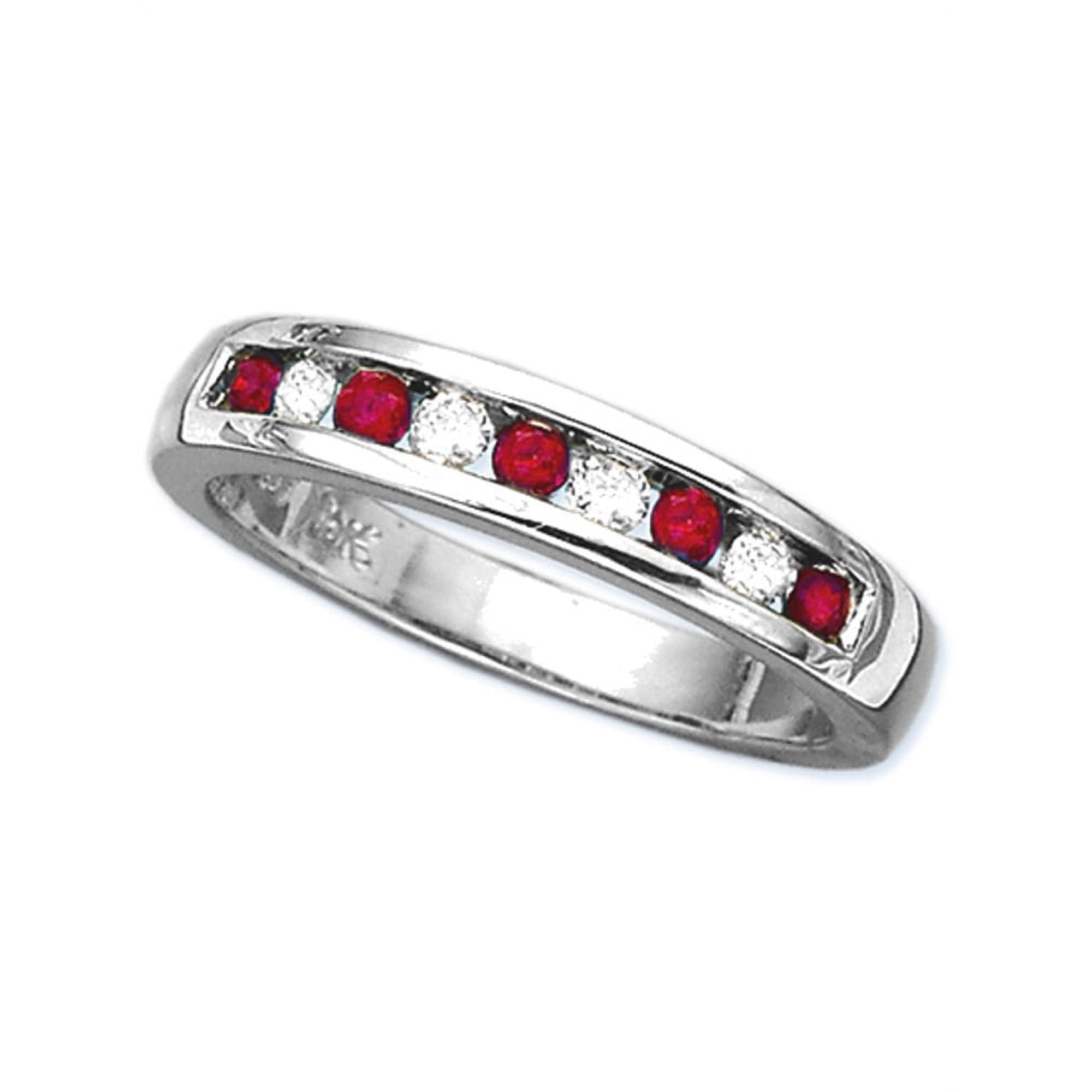 Channel Set Ruby Anniversary Ring in 14K White Gold 1/6 cttw. Diamond with Alternating (1/4 cttw)
