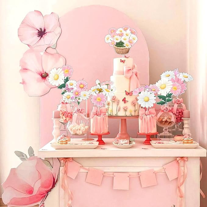 24 Pieces Daisy Flower Birthday Decorations, Daisy Butterfly Centerpiece Sticks for Tables, Pink Daisy Table Toppers for Girls, Boho Groovy Theme Birthday Baby Shower Party Supplies