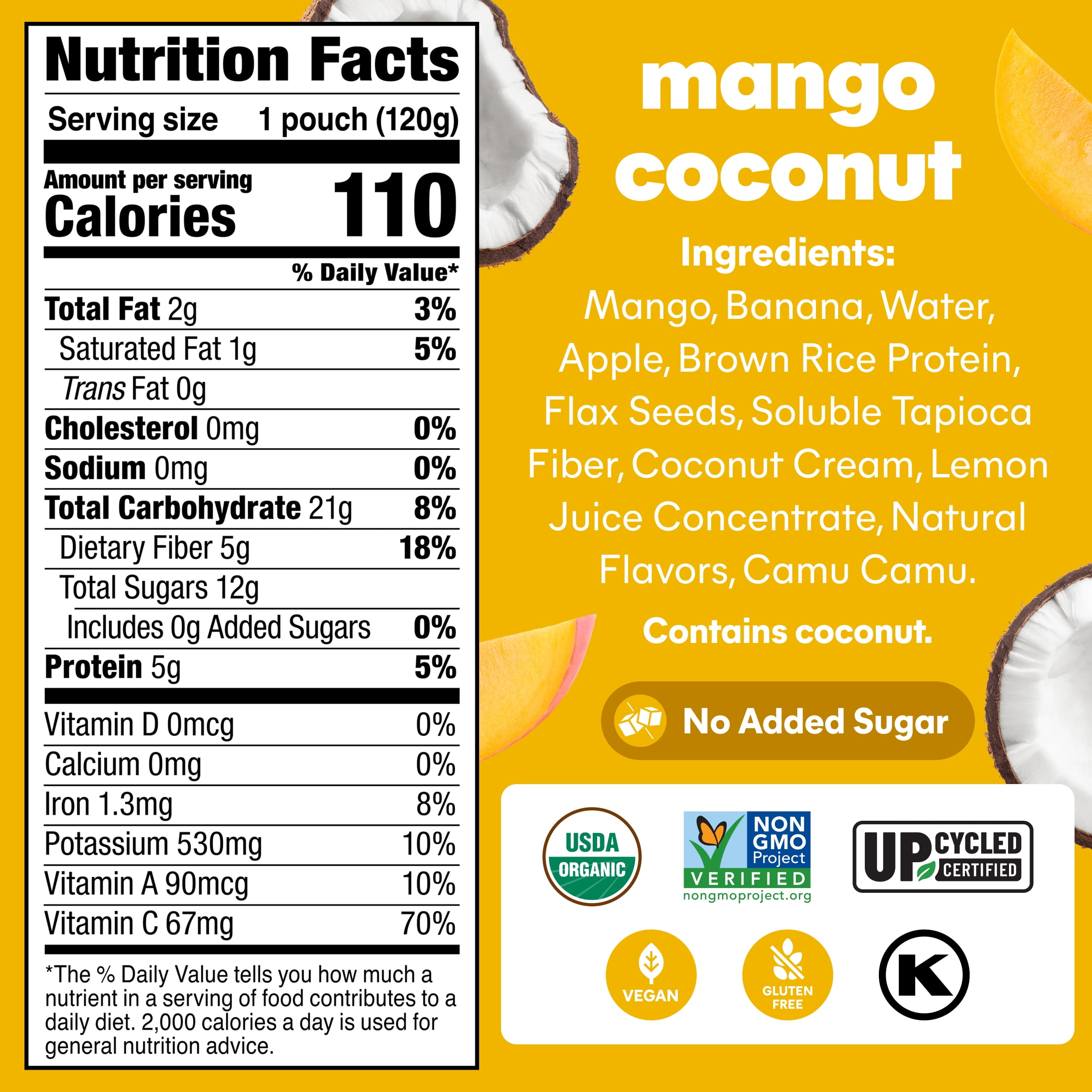 (3 pack) Noka Organic Superfood Smoothie Pouches, Plant Protein, Mango Coconut, 4.22oz, 4 Pack