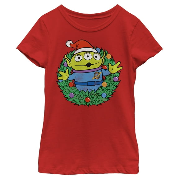 Girl's Toy Story Christmas Alien Wreath Graphic Tee Red X Small