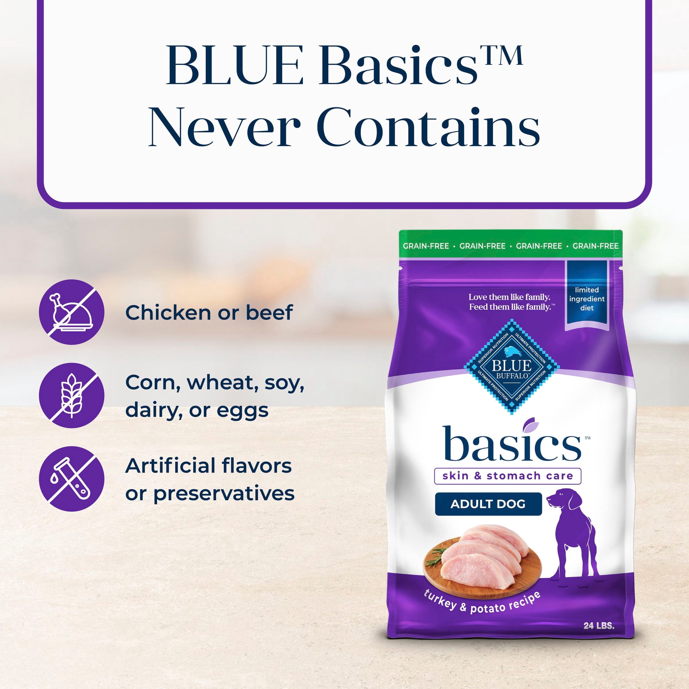 Blue Buffalo Basics Grain Free Adult Dry Dog Food, Turkey, Chicken Free, 24lb Bag