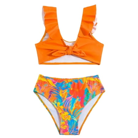 Toimothcn Girl s Bathing Suit Sleeveless Casual Floral Printed 2 Piece Bikini Set Quickly Dry Cover Up Swimwear 8-9 Years