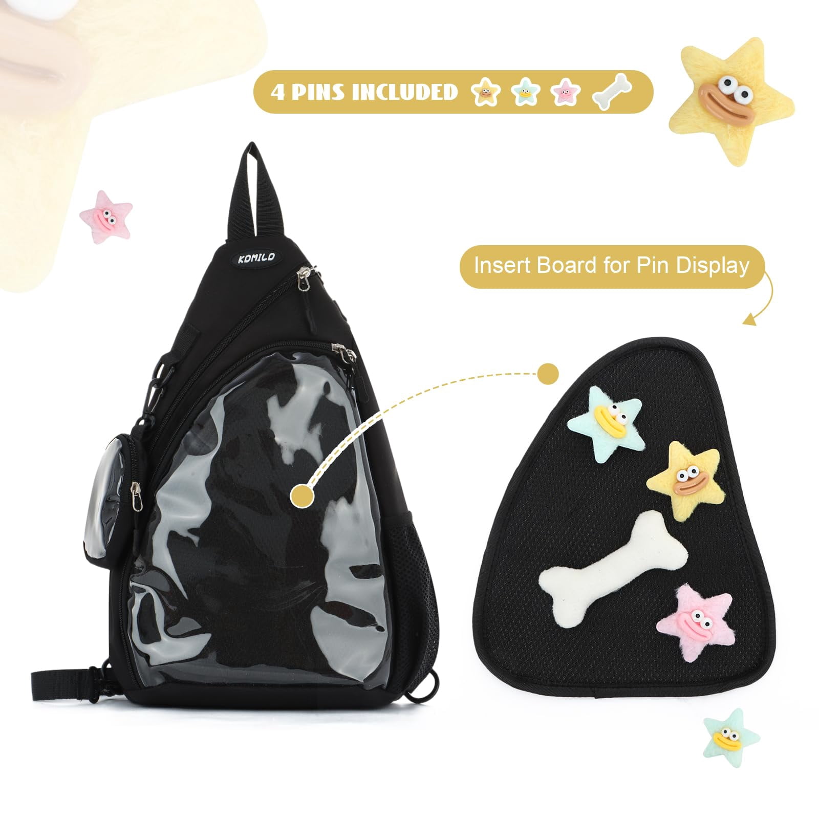 Cute Ita Bag for Men Women Kawaii Pin Display Backpack Fanny Pack Black Crossbody Hiking Day Pack