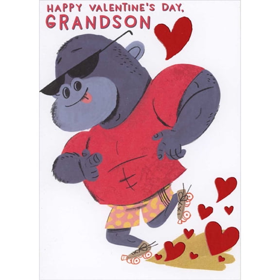 Designer Greetings Gorilla Wearing Sunglasses, Red Shirt, Shorts and Roller Skates Juvenile Valentine's Day Card for Grandson