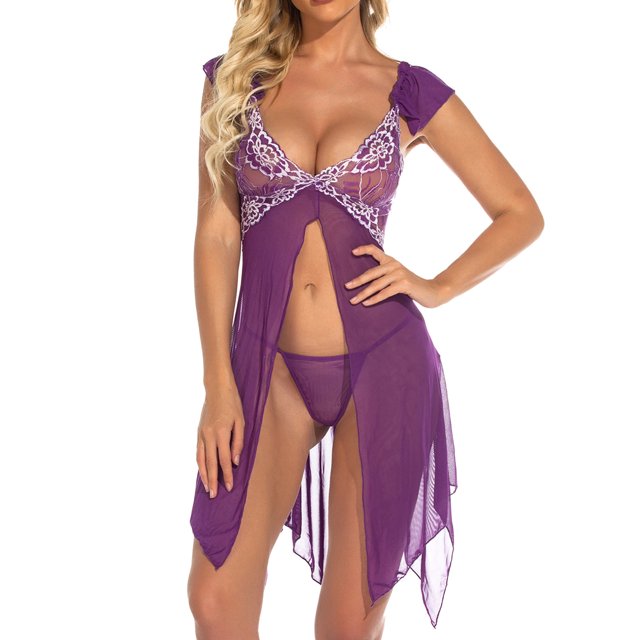 Gibobby Conjunto de lencería Sexy Conjunto de Lencería Erótica Ropa Interior Sexy para Mujer, Camisón de Una Pieza con Tanga, Ropa de Dormir para Mujer(Morado, M)