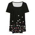 thumbnail image 4 of Floral Graphic Tees Womens Plus Size Tops Square Neck Pleated Tunic Tshirts Casual Going Out Travel Outfits Black, 3XL, 4 of 5