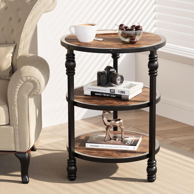 QinaQin Table d'Appoint Ronde avec Étagères de Rangement, Table d'Appoint Style Ferme à 3 Niveaux avec Pieds de Soutien en Métal