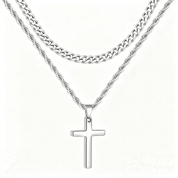 DESIGNICE 2 Pcs Cross Necklace Chain for Men and Women, Layered Mens Cross Necklaces Stainless Steel Pendant Cuban Link Rope Chain 16-26 Inch, Jewelry Gift Durable Stainless Steel Necklace for Men