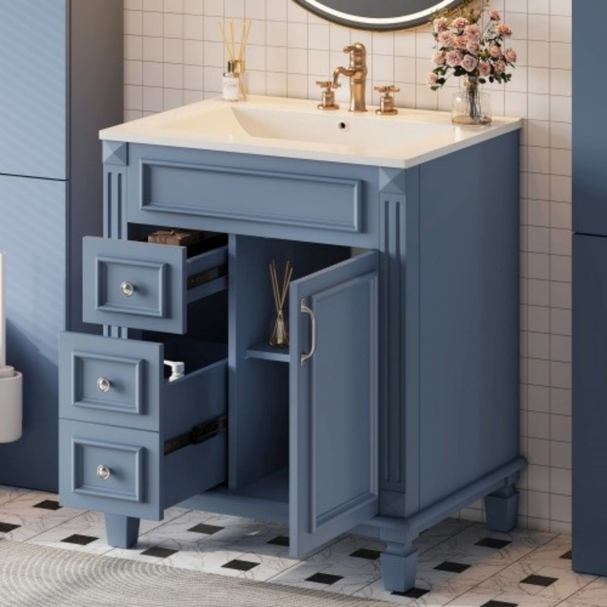 24" Bathroom Vanity with Ceramic Sink, Small Bathroom Vanity Cabinet with 2 Drawers, Adjustable Shelf, Soft-Close Door, Blue
