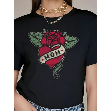 Retro Tattoo Style MOM Rose Heart Graphic T-Shirt, Thoughtful Mother's Day Apparel Gift for Women, Trendy Ladies Crewneck Tee