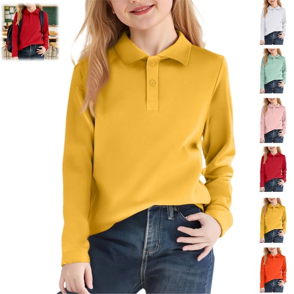 Mfakffe Girls Polo Shirts Back To School Casual School Uniform Long Sleeve Collared Shirts Cute Top(Yellow,11-12 Years)