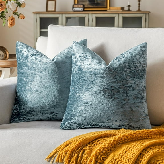 COOKCOK Set of 2 Blue Gray Decorative Velvet Throw Pillow Covers 18x18 Inches, Soft Neutral Accent Pillow Cases with Vintage Textured Farmhouse Couch Cushion Covers for Luxurious Home Decor
